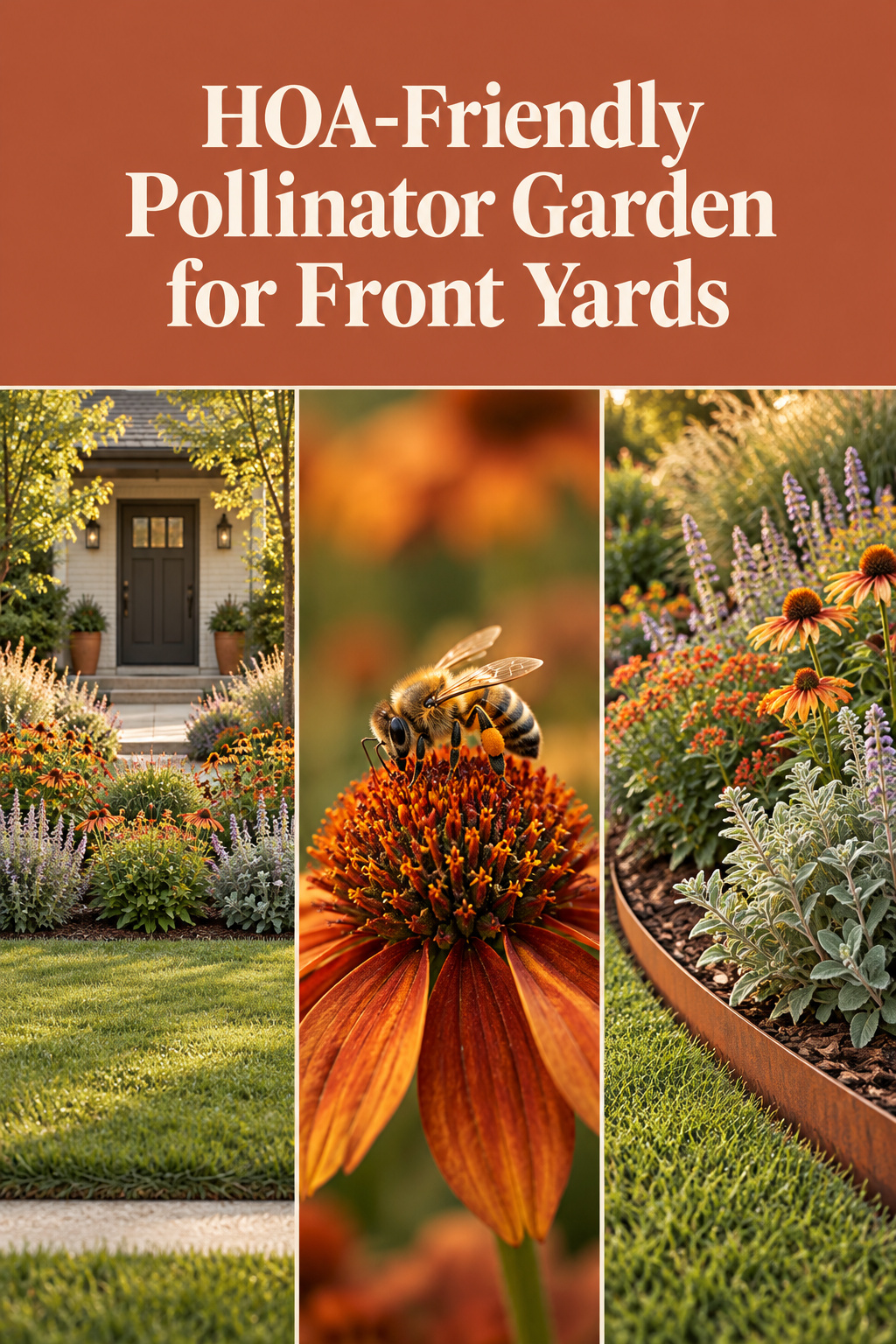 Pinterest collage of a symmetrical front-yard pollinator bed, a bee foraging on a bloom, and steel edging against mown lawn, with a terracotta headline band