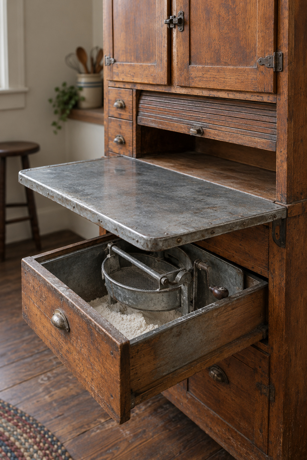 Antique Hoosier cabinet with its metal pull-out worktable extended and flour bin drawer open showing the sifter