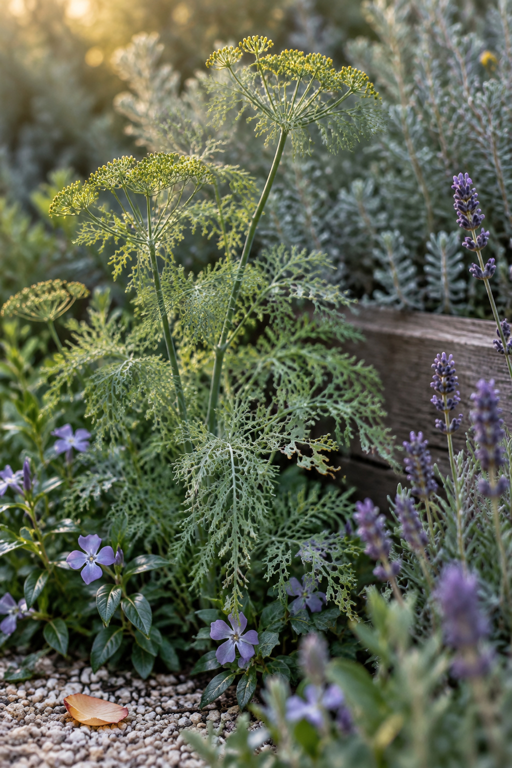Chewed dill foliage growing among periwinkle and lavender nectar flowers in a garden bed