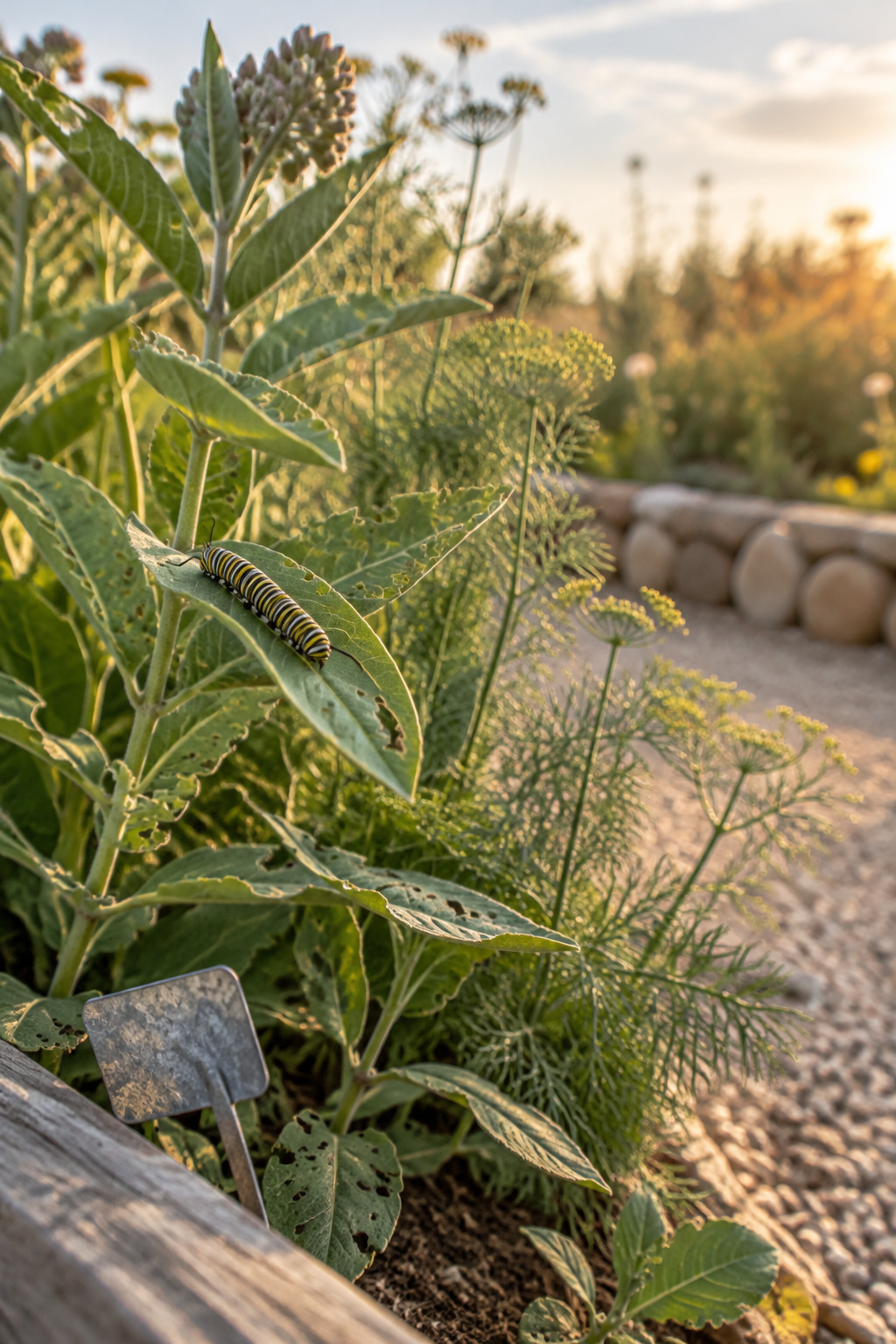 Low eye-level view of chewed milkweed and dill foliage with a caterpillar at the front edge of a raised garden bed