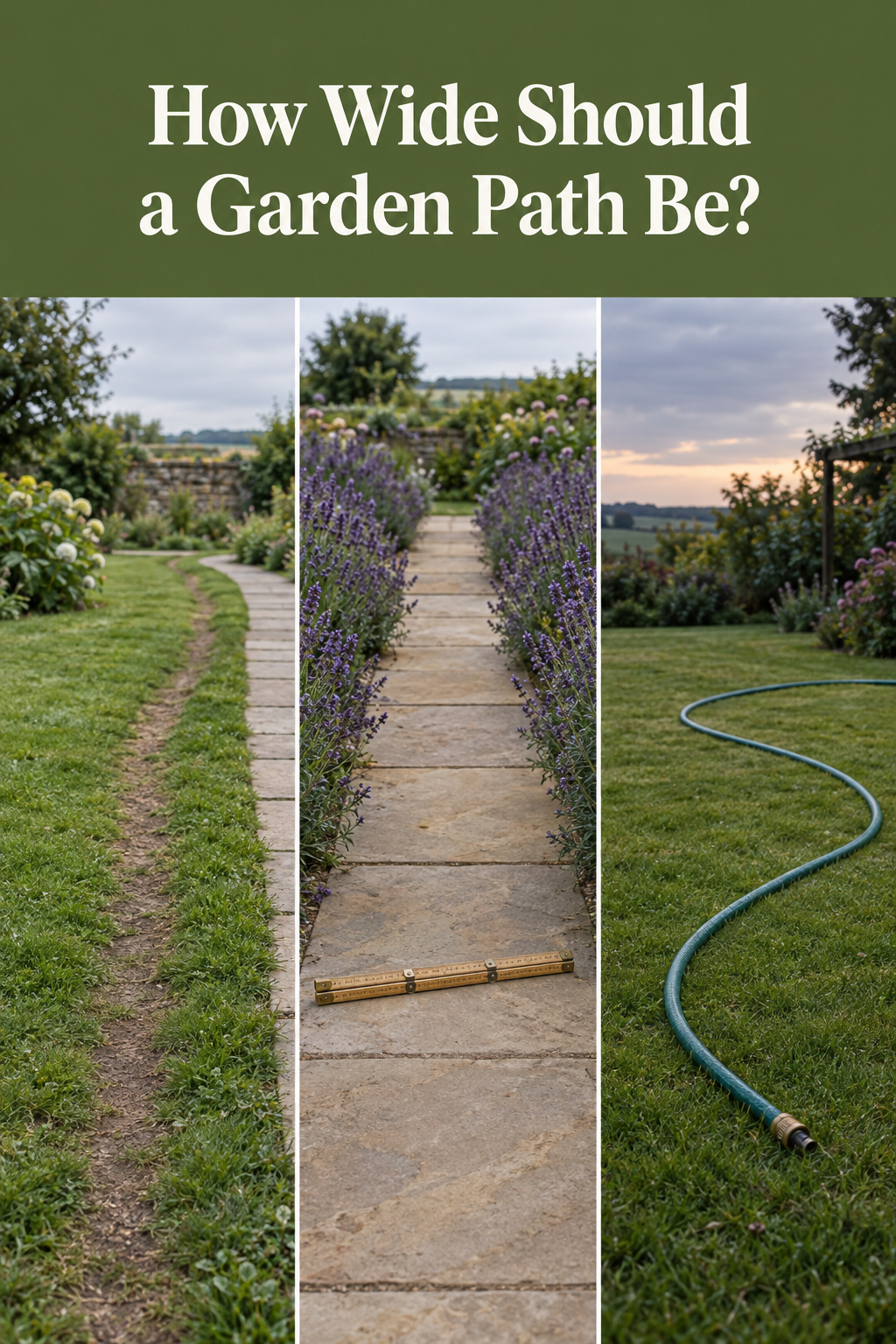 Collage of a worn grass shortcut beside a laid path, a wide sandstone path between lavender, and a garden hose marking a curved path, under a moss green headline band
