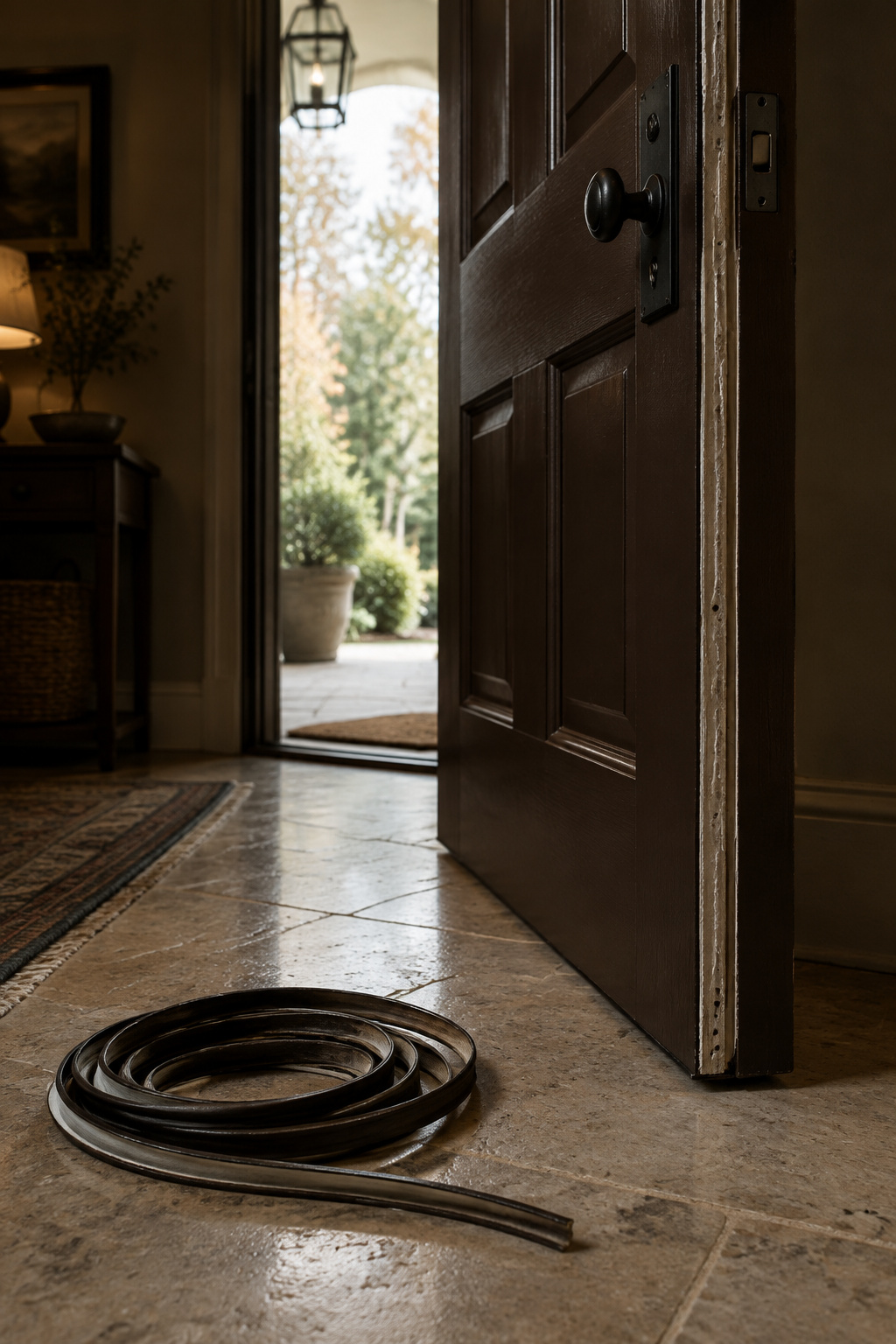 Freshly painted espresso-brown front door propped open against its jamb with the weatherstripping removed and coiled on the floor to let the paint cure