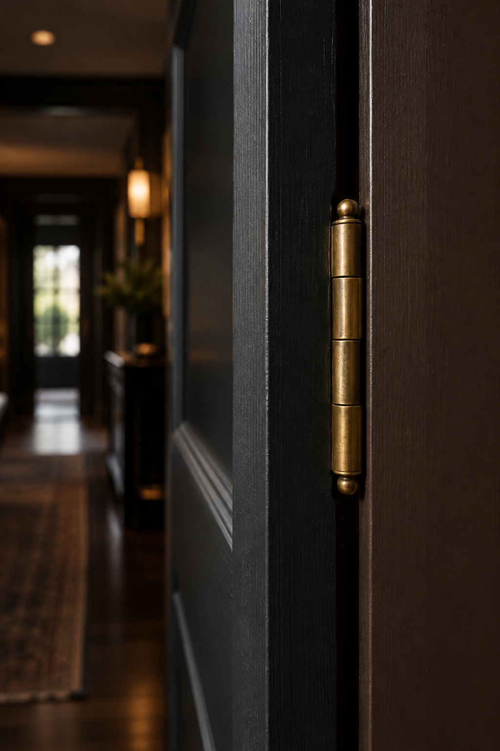 Close-up of a front door's hinge-side edge where the exterior graphite-black paint meets the interior espresso-brown paint at a crisp line