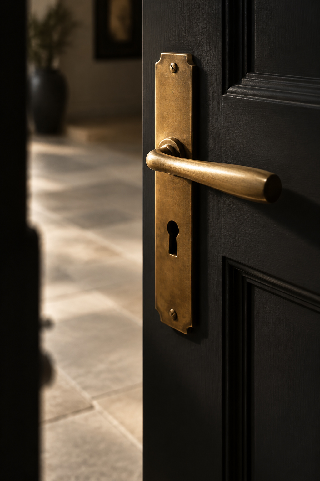 Unlacquered brass door lever and backplate mounted on a graphite-black painted front door, patina developing on the metal