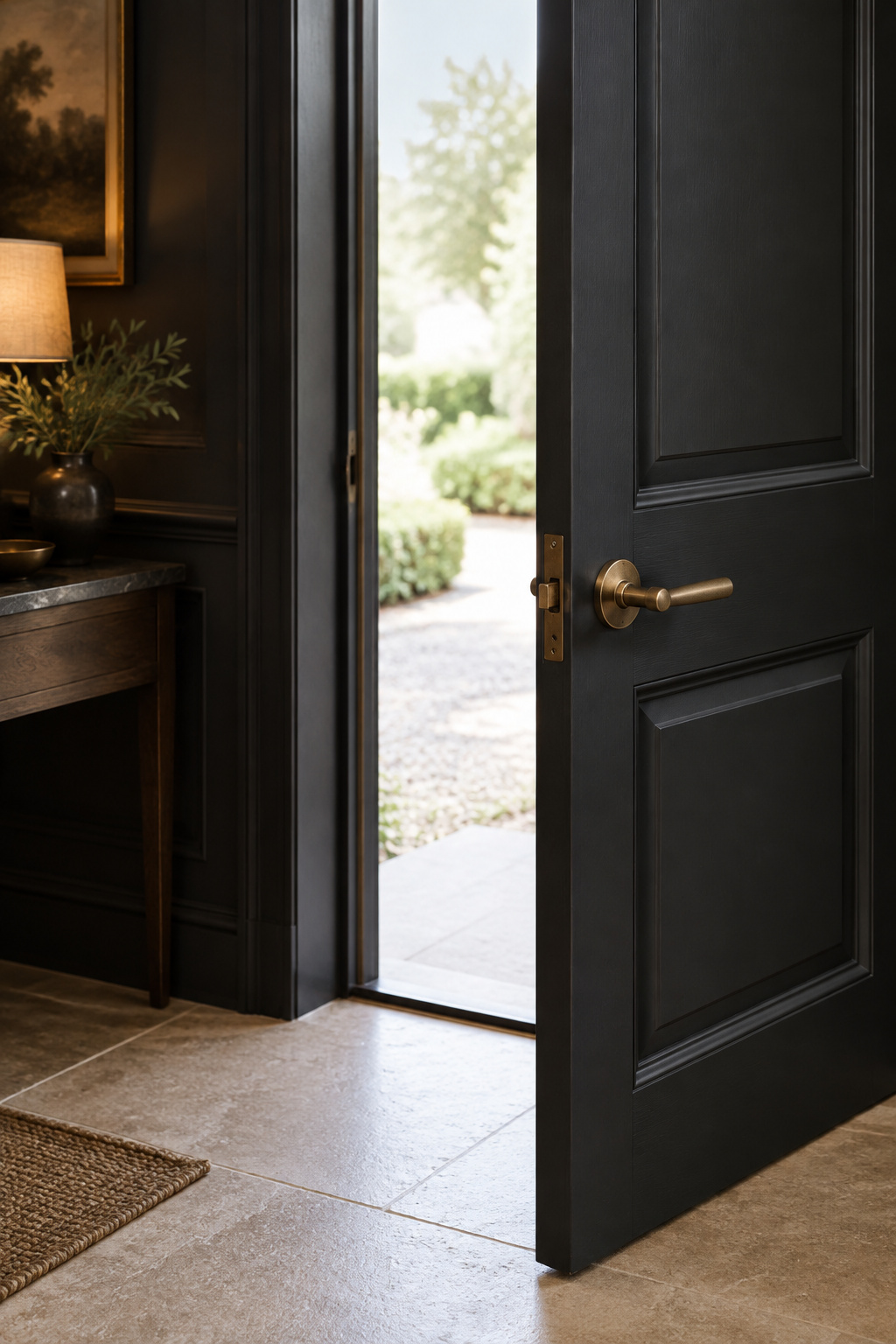 Graphite-black painted front door viewed from inside a dark entryway, standing open to a bright rectangle of daylight, with an unlacquered brass door lever