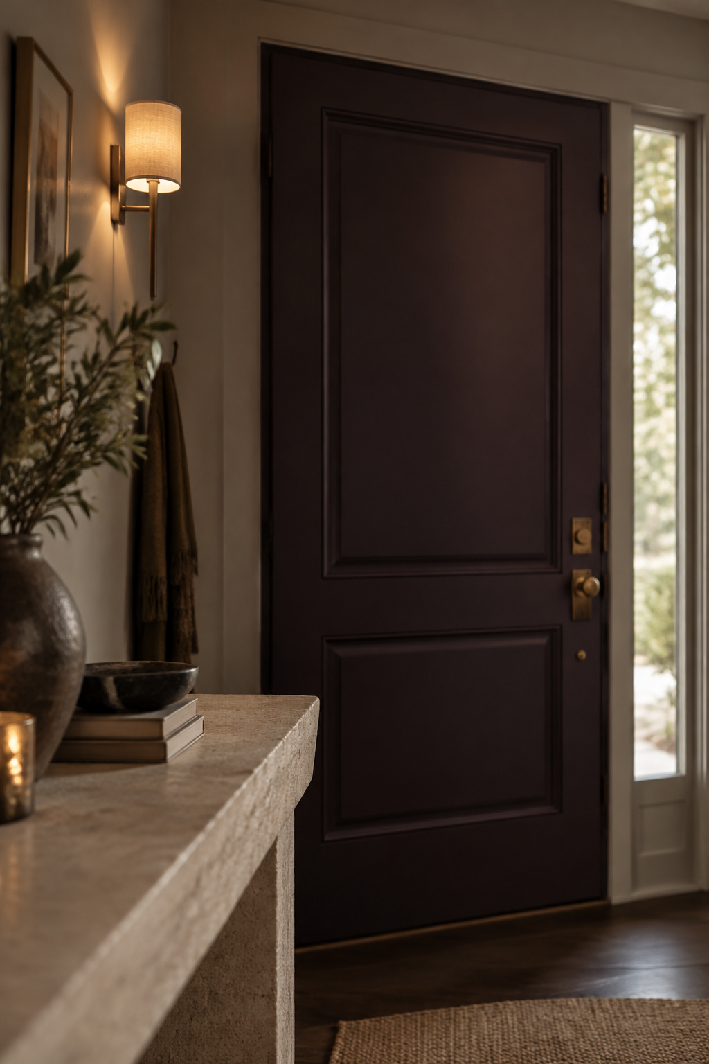 Smoked-aubergine painted front door contrasting against a lighter neutral entryway wall, viewed from inside the home