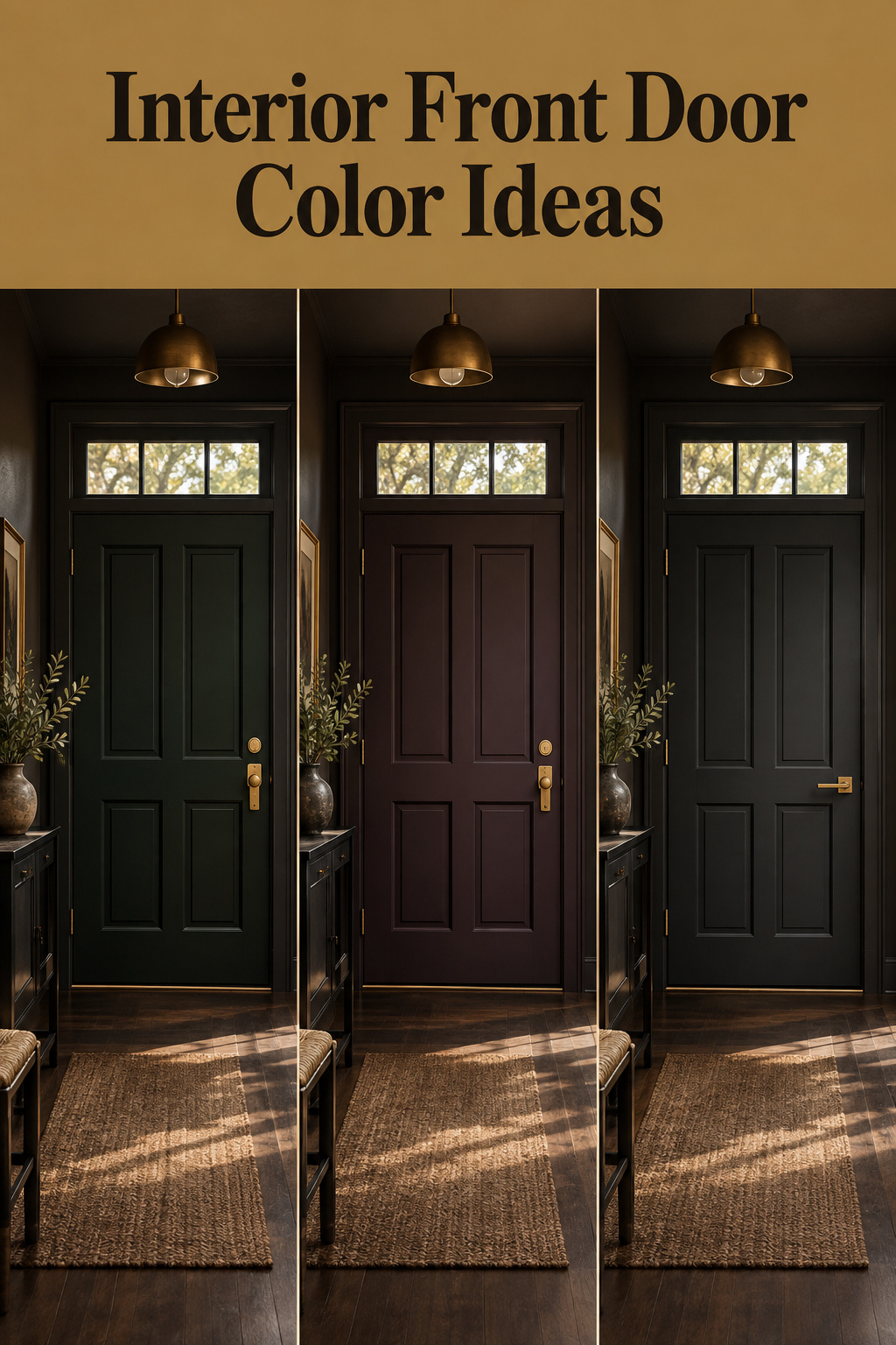 Pinterest collage of three interior front door color treatments -- matched blackened green, contrasting smoked aubergine, and graphite black with brass hardware -- under a brass-colored headline band reading Interior Front Door Color Ideas