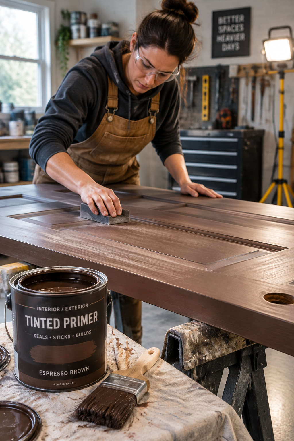 Door laid flat on sawhorses being sanded before priming, with a can of tinted primer and brush nearby
