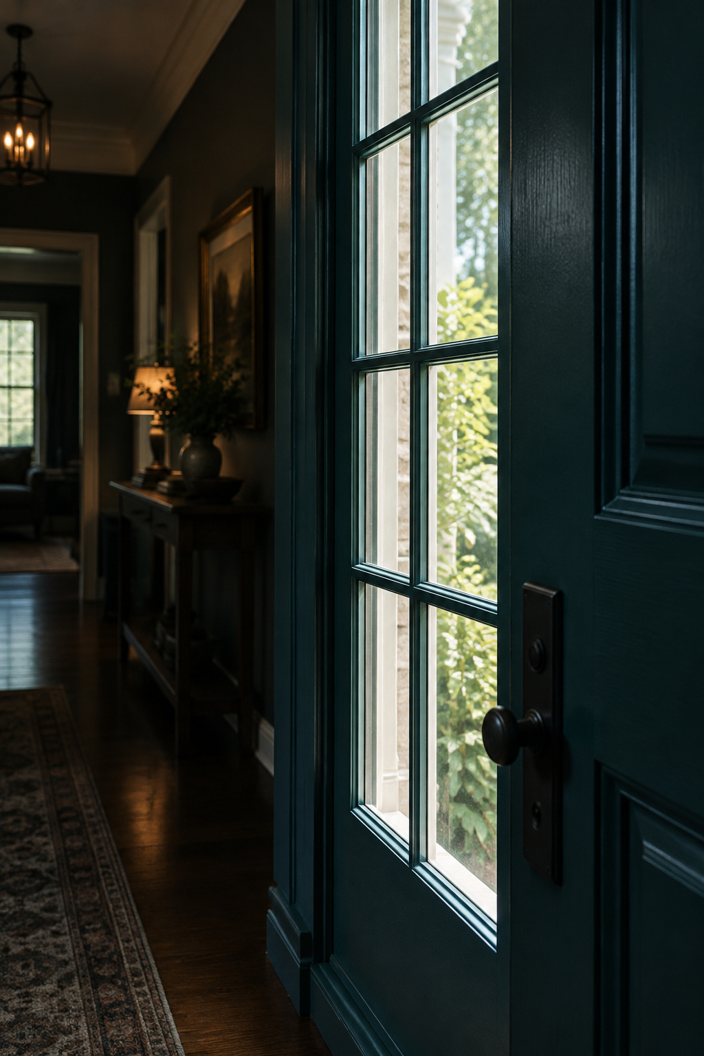 Glazed sidelight beside an inky-teal painted front door, bright daylight coming through thin black glazing bars against the dark hallway