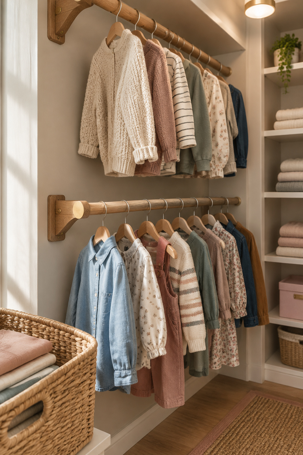 Low-mounted closet rod holding real hanging clothes at reachable height, with a higher rod above and a woven rattan bin of folded shirts