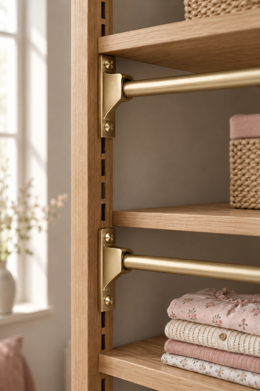 Adjustable track-mounted closet shelving system with a rod bracket shown at two repositionable height slots above folded clothing