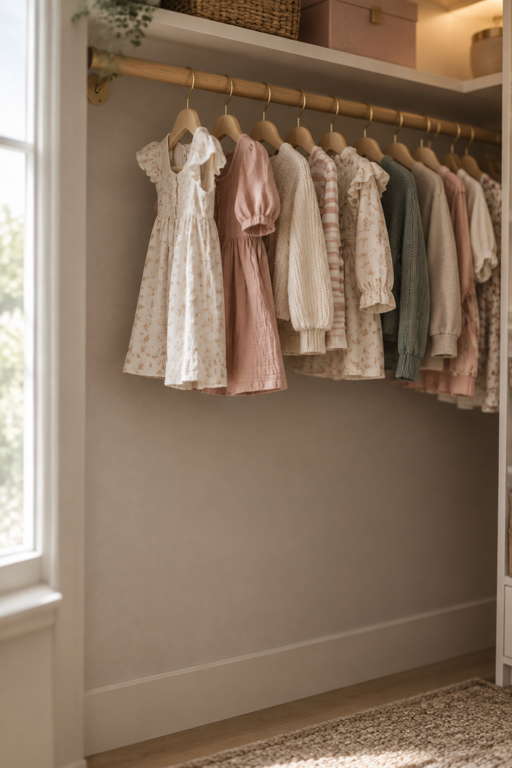 Closet rod mounted at adult height with hangers well above the empty low wall space at a shorter reach height