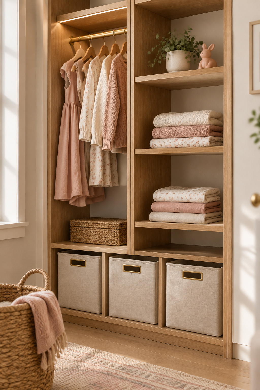 Lower-height closet divided into three zones — hanging clothes, a folded-shelf section, and open bin storage