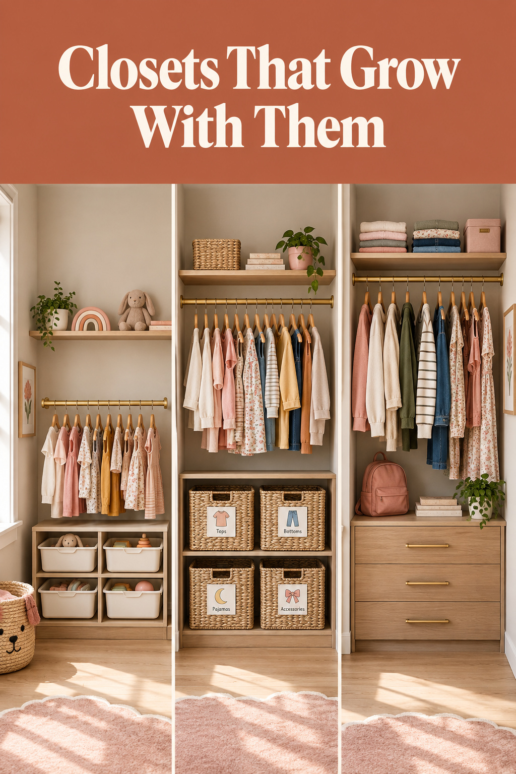 Pinterest pin illustrating a closet system across three growth stages, from toddler to preteen reach height, with the headline Closets That Grow With Them on a terracotta clay band