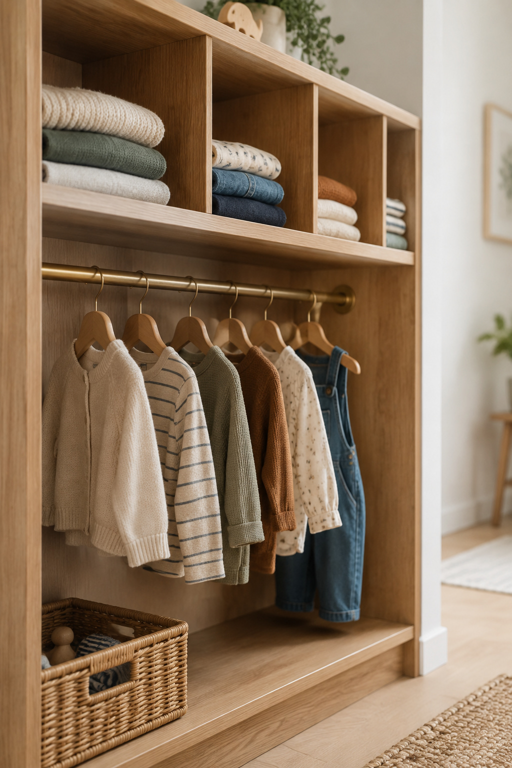 Closet section scaled low with a double-hung oak rod and open eye-level cubbies holding folded clothes