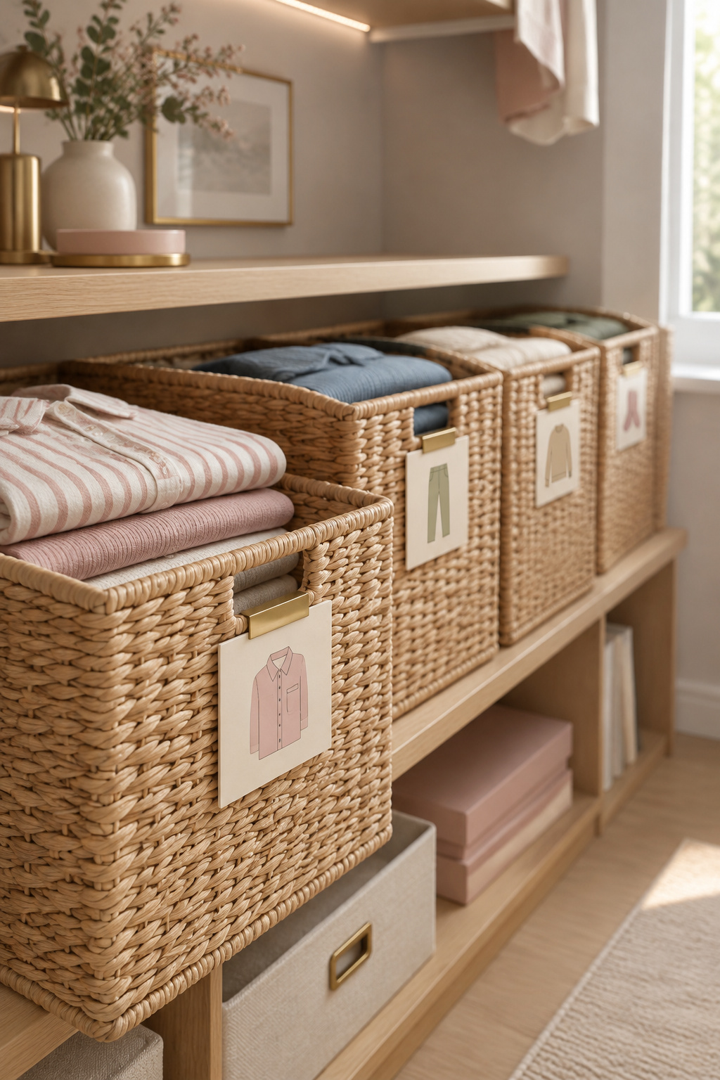 Row of open woven bins on a low oak shelf with simple picture labels and folded clothing visible inside