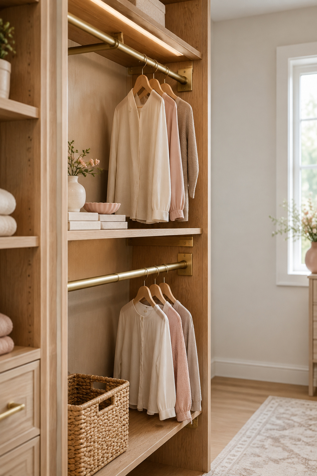 Closet interior showing three stacked storage heights — a low rod, a mid-height shelf, and a taller rod above — illustrating a reach-height progression