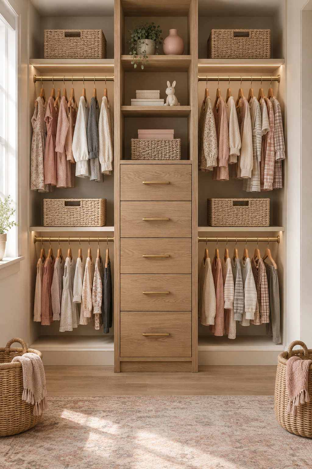 Shared closet split into two mirrored sections by a central oak drawer tower, with matching rattan baskets on each side