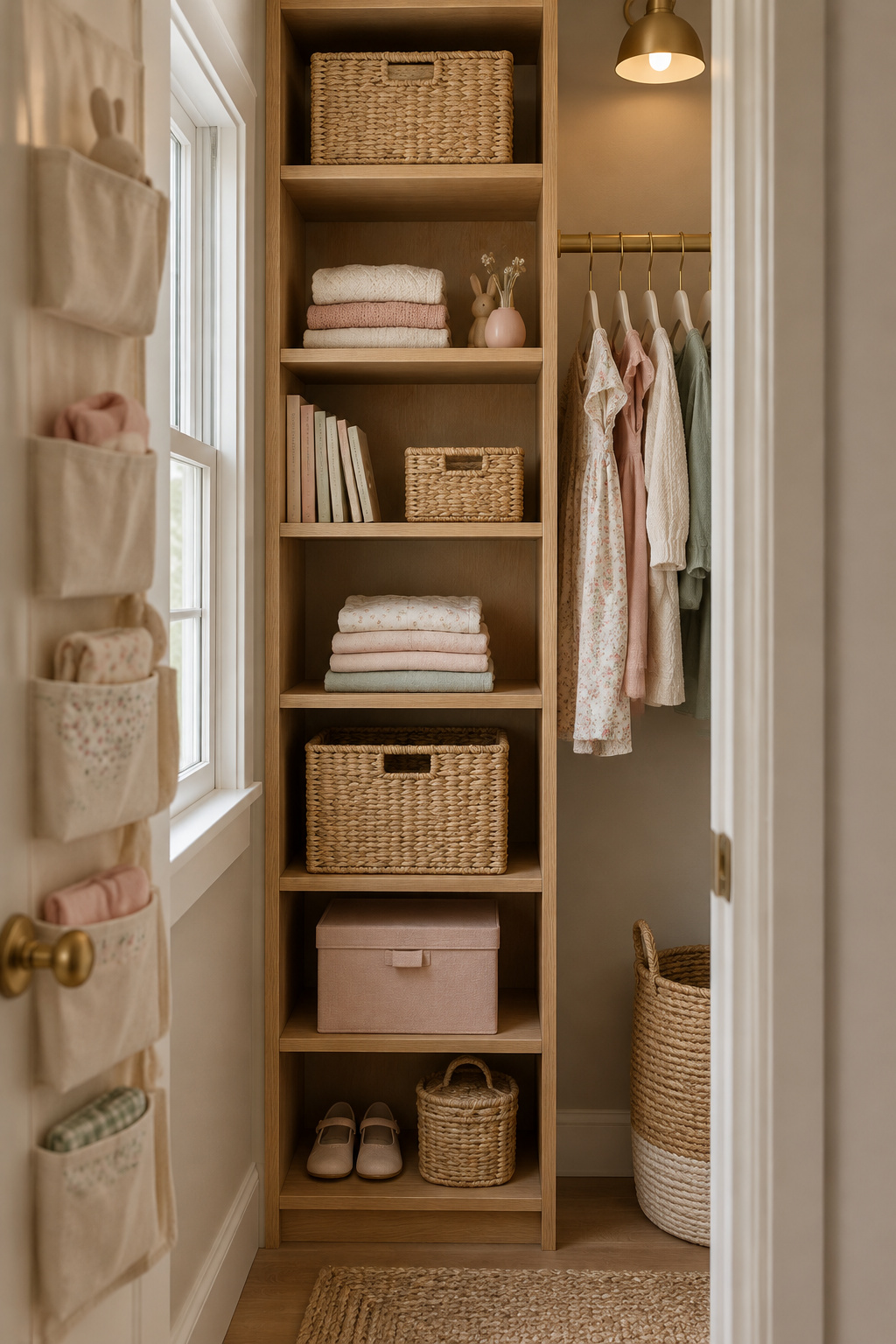 Narrow reach-in closet using stacked vertical shelving and a door-mounted organizer to maximize a small footprint