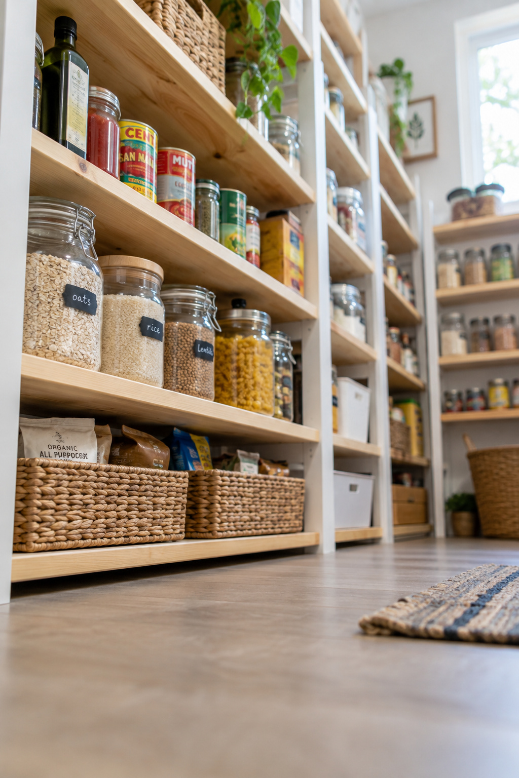Pantry shelf at adult height photographed from a low upward angle, looking up at the boxes and cans