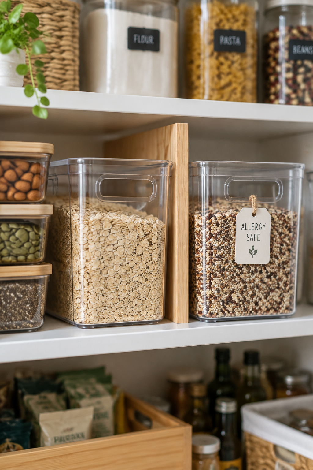 Two clear snack bins on a shelf separated by a wooden divider, one bin marked as allergy-safe