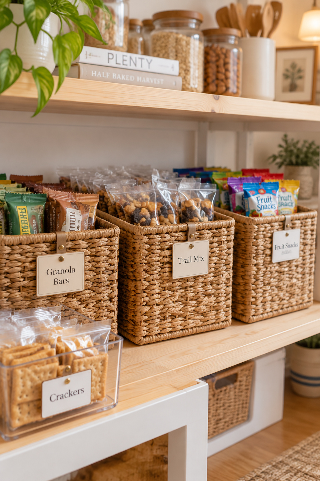 Low pantry shelf with three woven baskets of portioned snacks, each labeled with a kraft tag