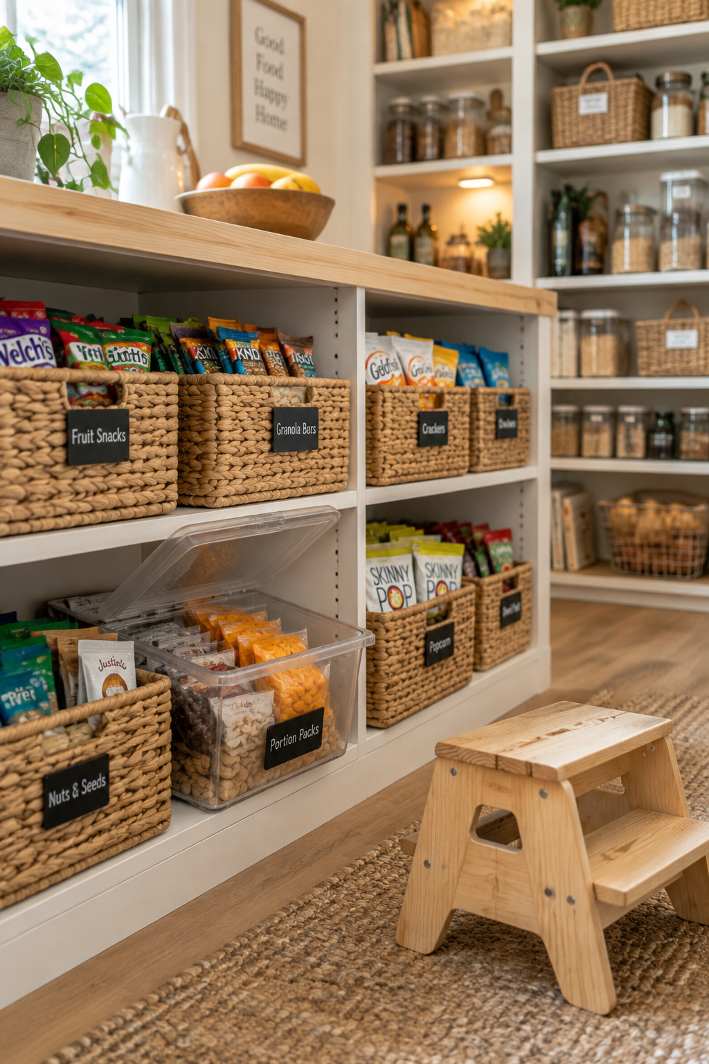 Low pantry shelf holding woven baskets of portioned snacks with a step stool tucked underneath