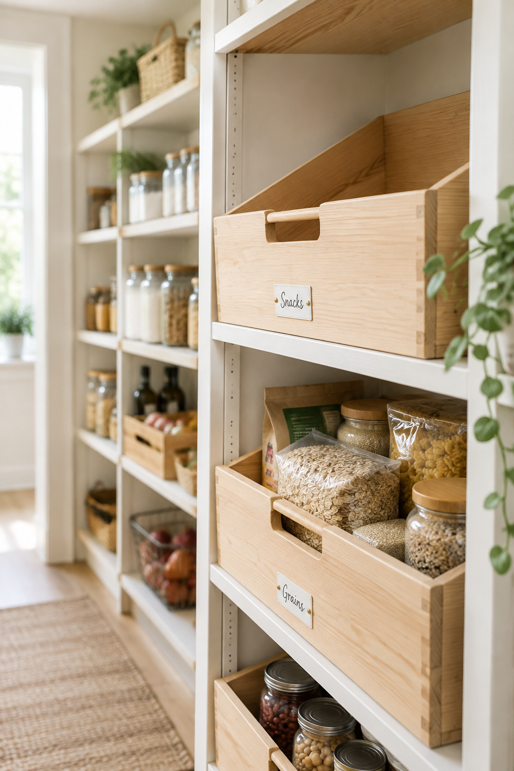 Pantry shelf with lower rows stocked with snack bins and an empty labeled bin waiting on the top row