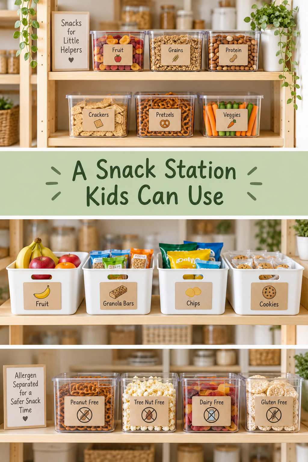 Pinterest pin collage for a snack station showing reach-height zones, labeled bins, and allergen-separated storage