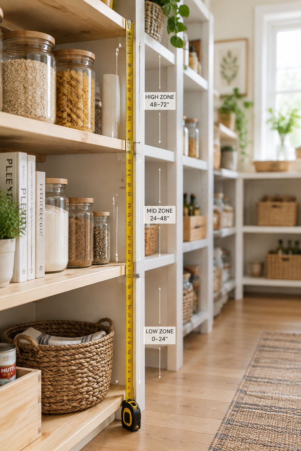 Pantry shelving with a tape measure marking three different reach-height zones