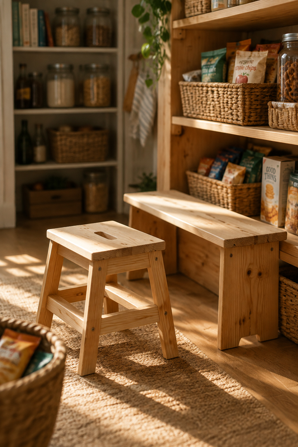 A worn wooden step stool and low bench beside a pantry snack shelf in warm afternoon light
