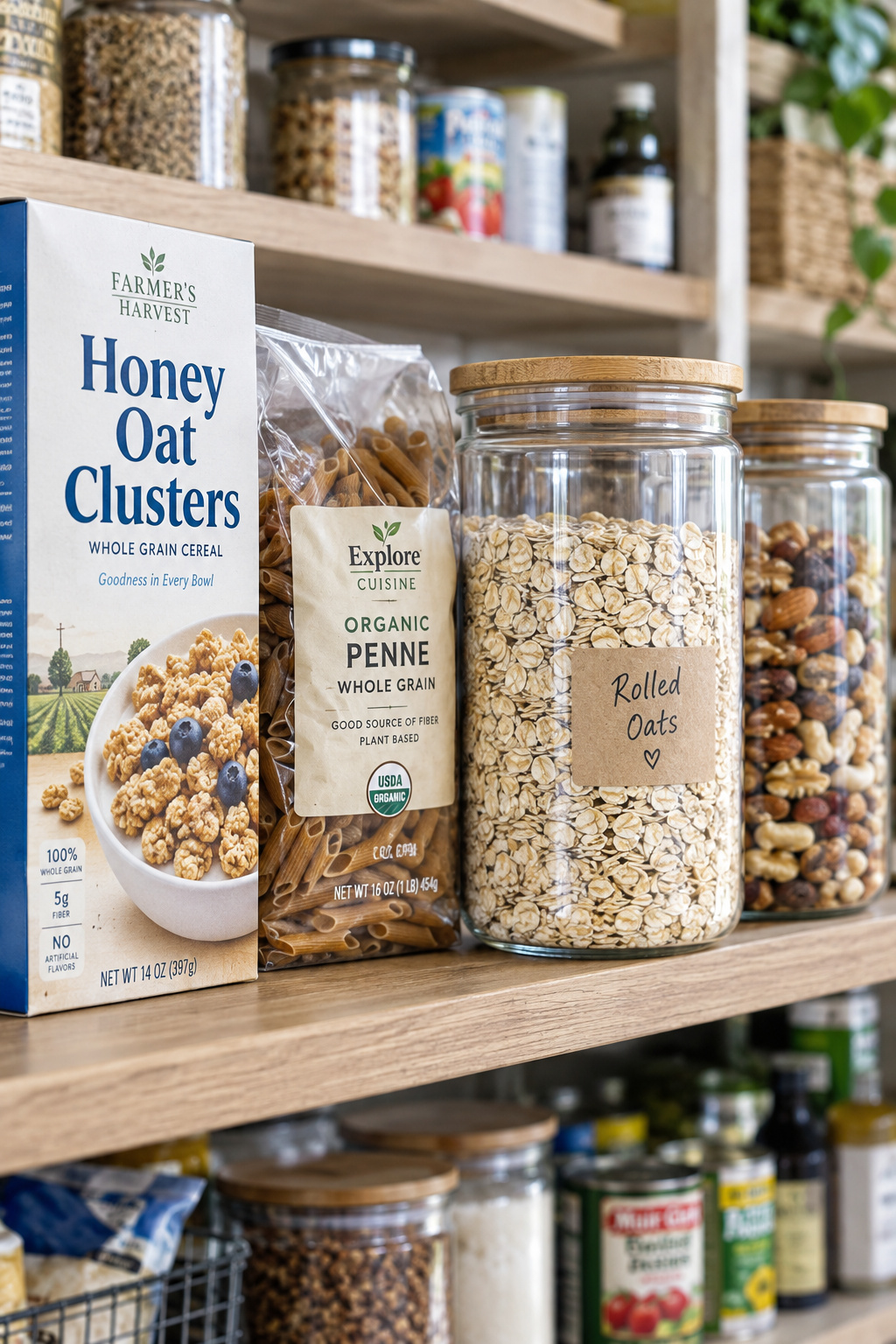Pantry shelf mixing original food packaging with a couple of clear labeled jars, showing a working system rather than a styled display