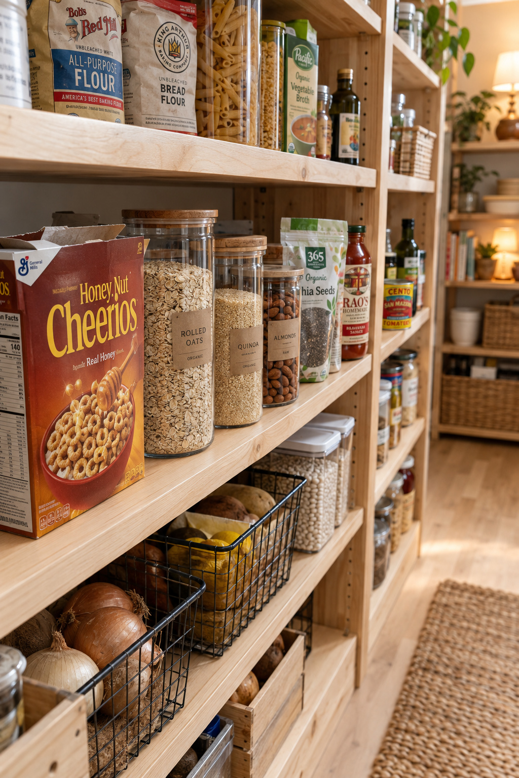 A stocked kitchen pantry mid-week, with real food in original packaging next to a few clear labeled containers on warm wood shelving