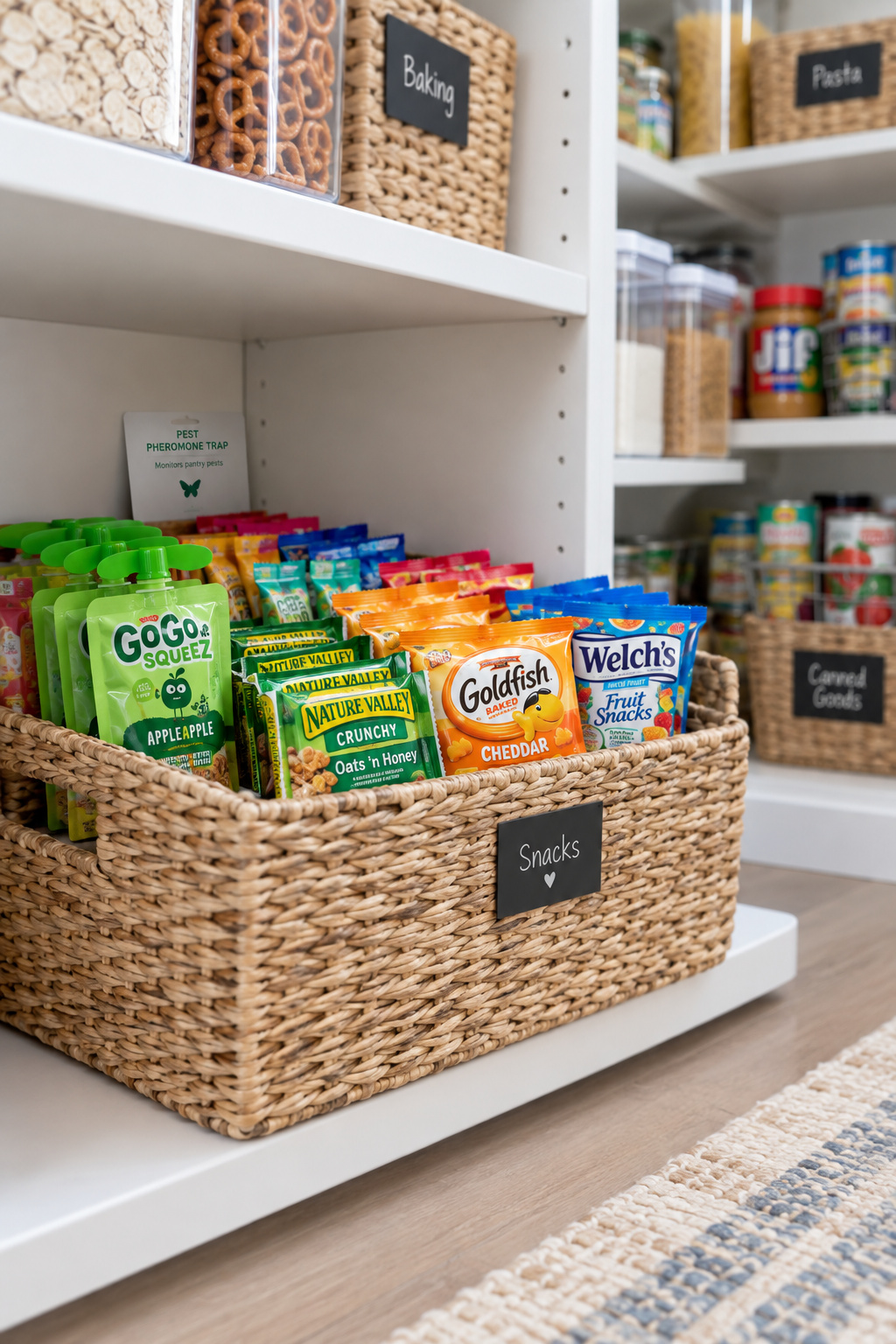 A low woven bin of snacks on a pantry's bottom shelf, with a small pest trap card visible at the back