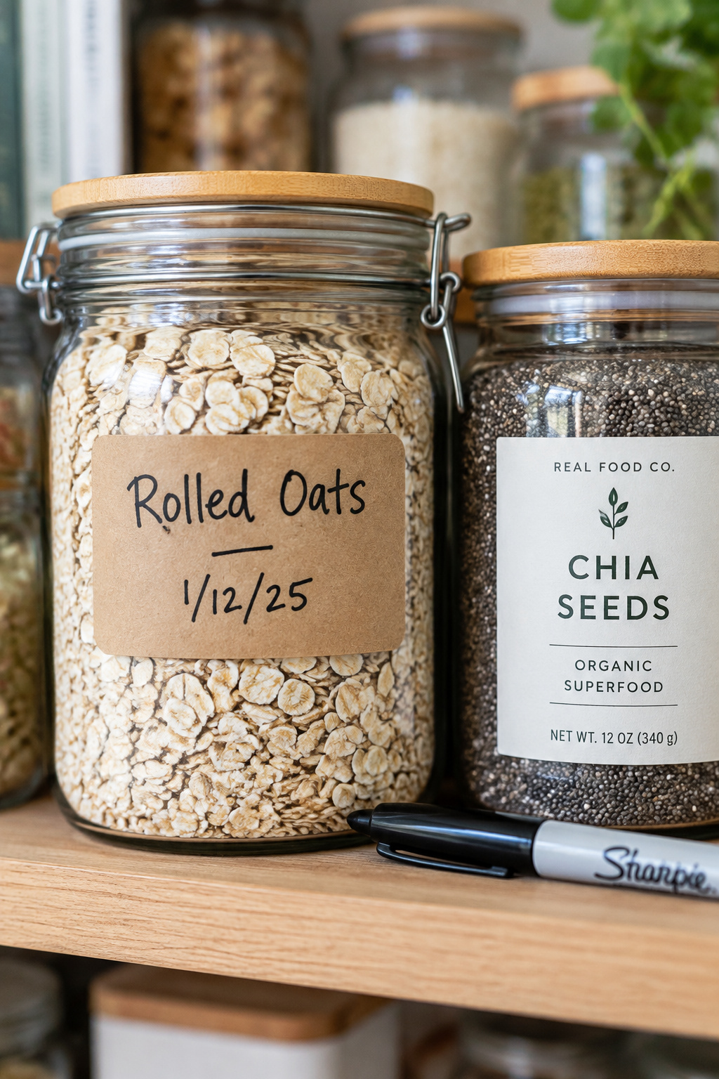 Close-up of a handwritten kraft label next to a printed label on two pantry jars