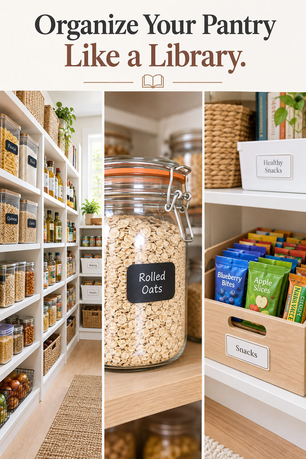 Pinterest pin collage showing a walk-in pantry shelf, a labeled glass jar, and a low snack storage bin, titled Organize Your Pantry Like a Library