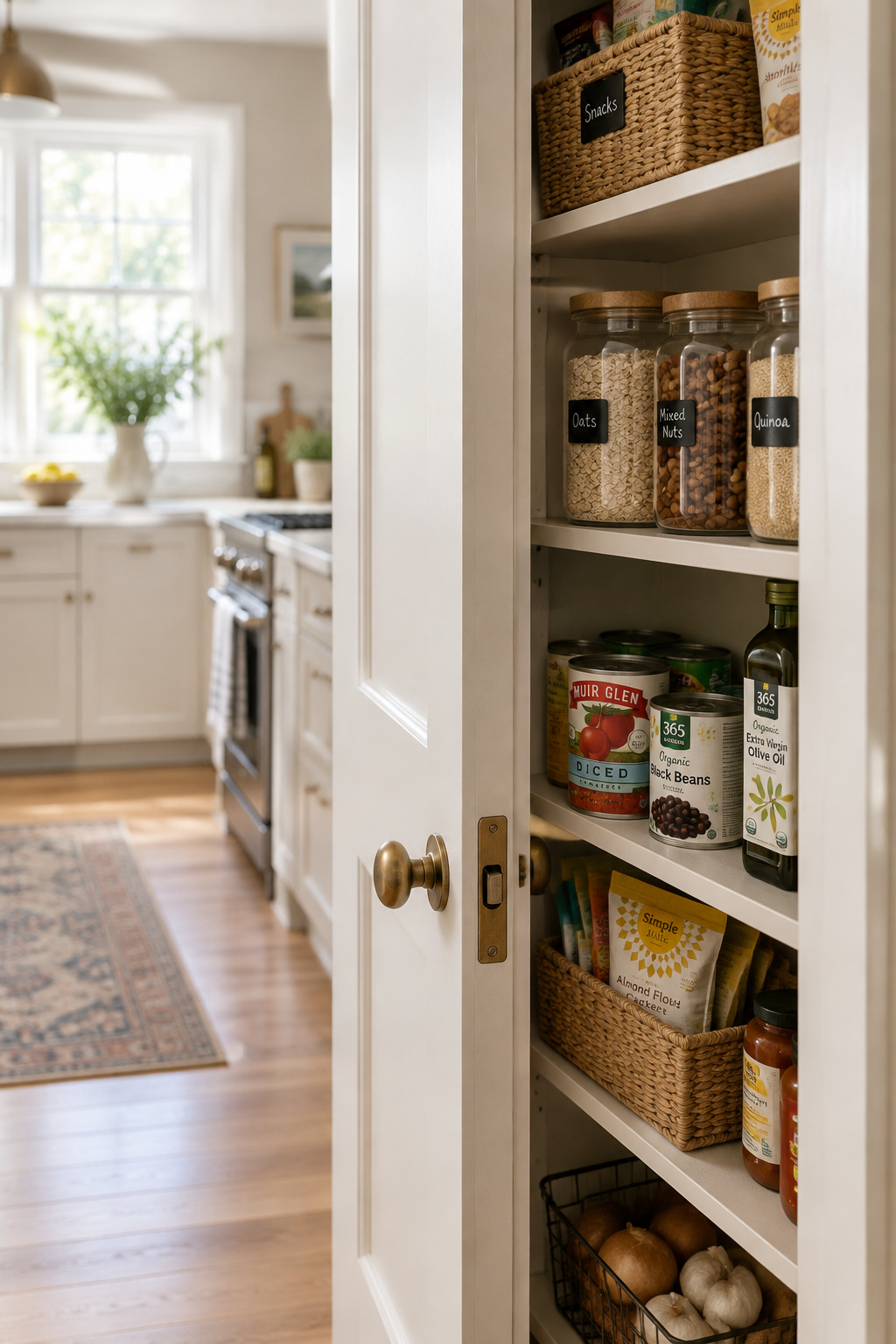 A narrow reach-in pantry door standing open, showing shallow shelving just inside next to a kitchen