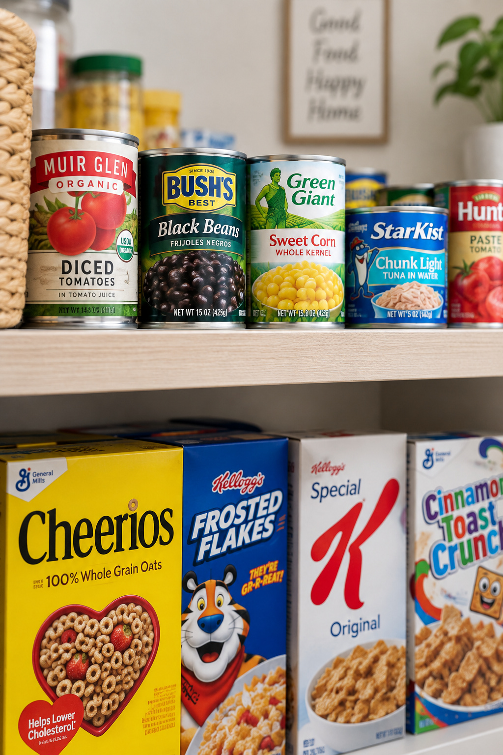 Two pantry shelves of different depths, a shallow shelf of canned goods above a deeper shelf of cereal boxes