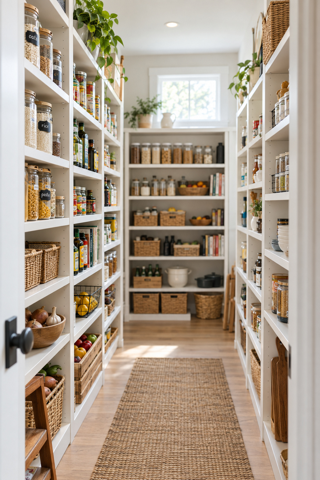 Wide view down a stocked, organized walk-in pantry shelving run, showing its floor-plan feel