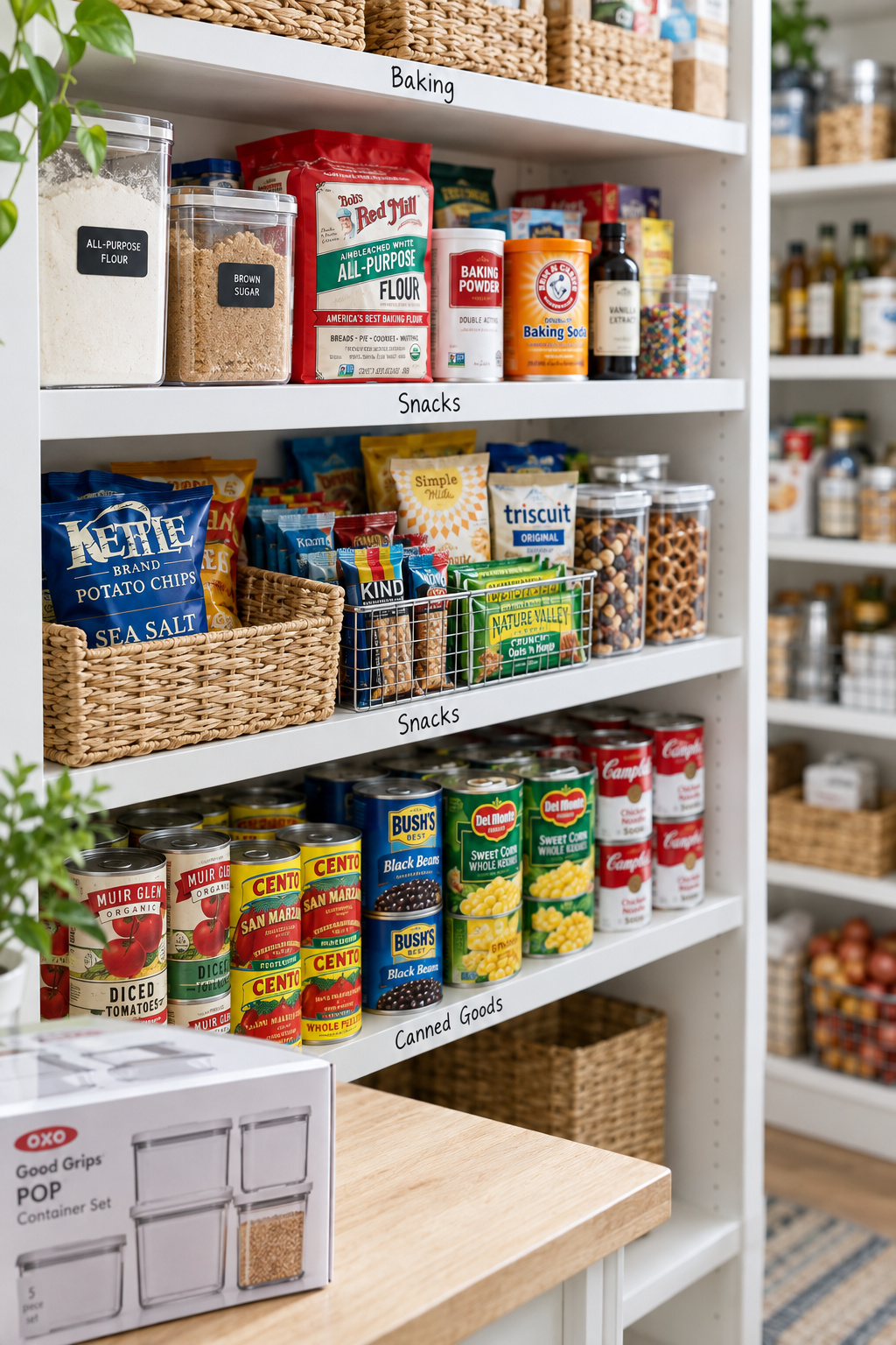 A pantry shelf mid-reorganization showing grouped zones for baking, snacks and canned goods, with an unopened container set set aside