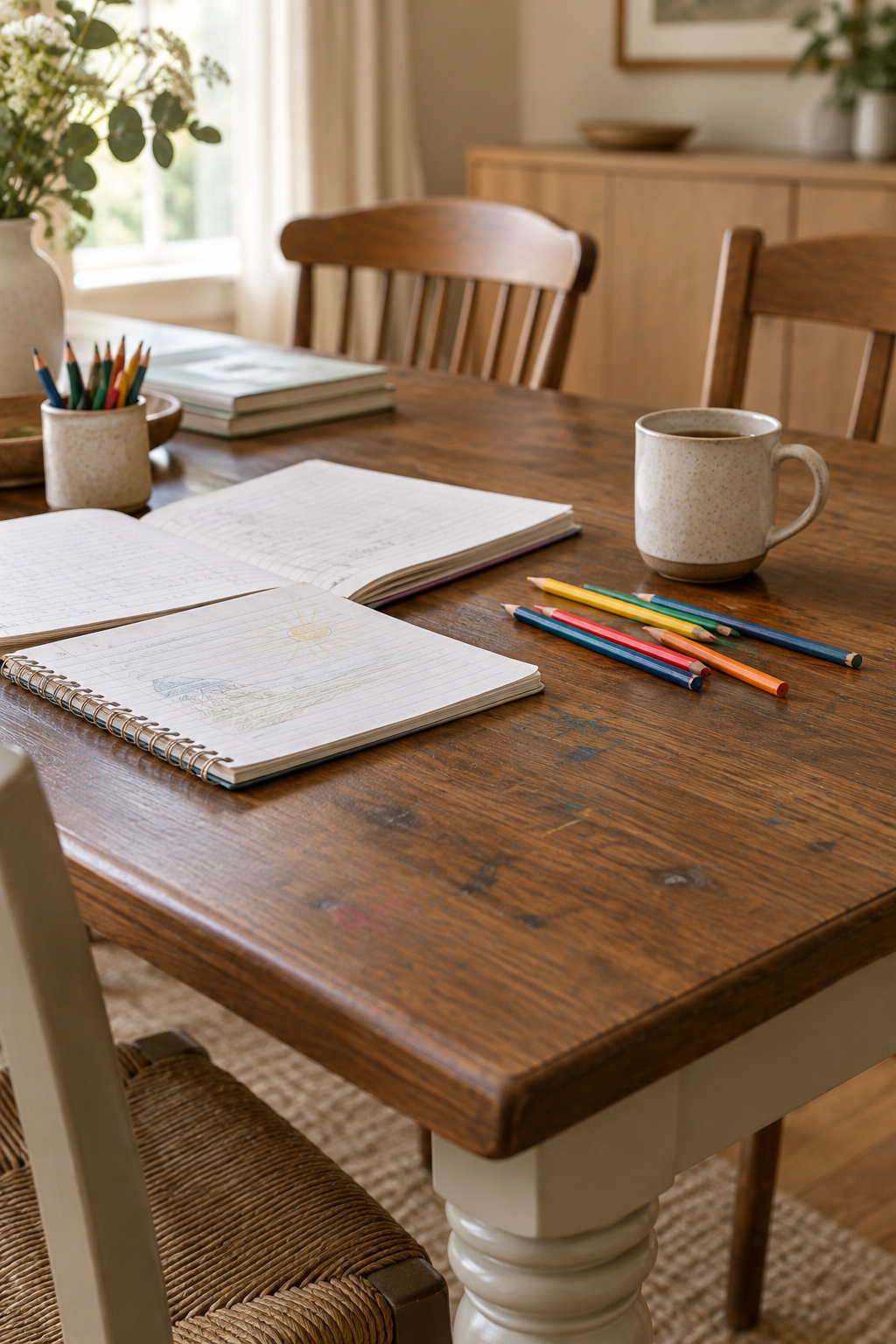 Dining tabletop set with homework notebooks, colored pencils and a mug, showing a table in daily family use