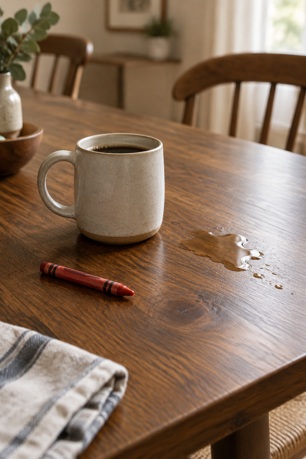 Stained tabletop with a coffee mug set without a trivet, a crayon, and a water spill, showing the real daily stresses a finish has to survive
