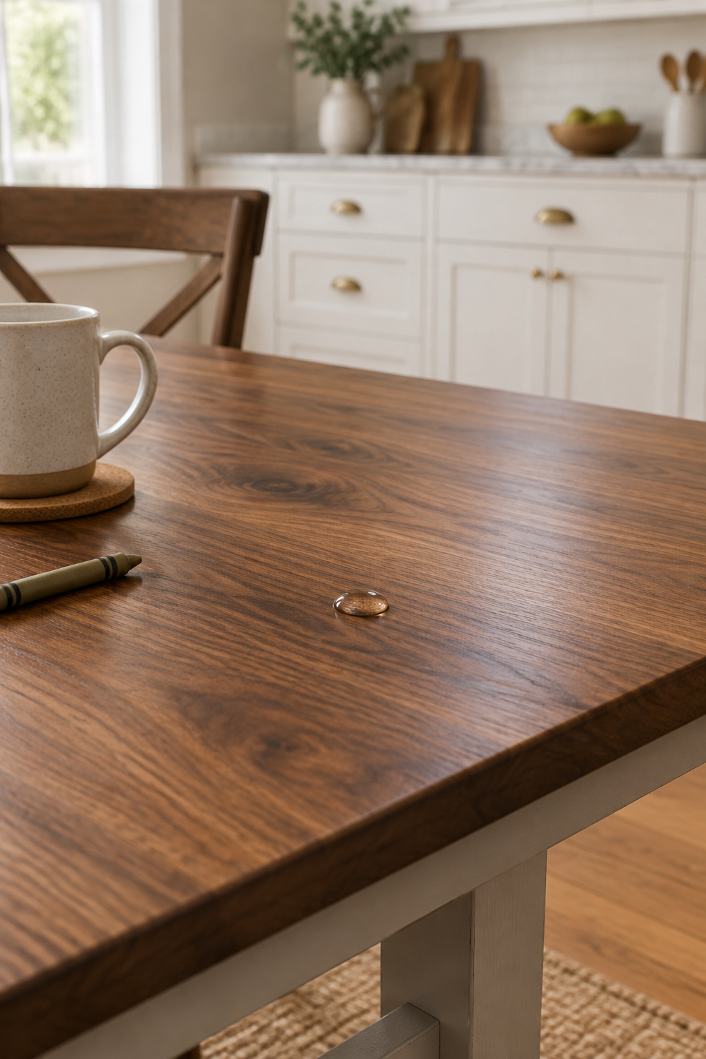 Walnut dining tabletop with a bead of water resting on a satin clear-coat finish, painted trestle base visible at the edge