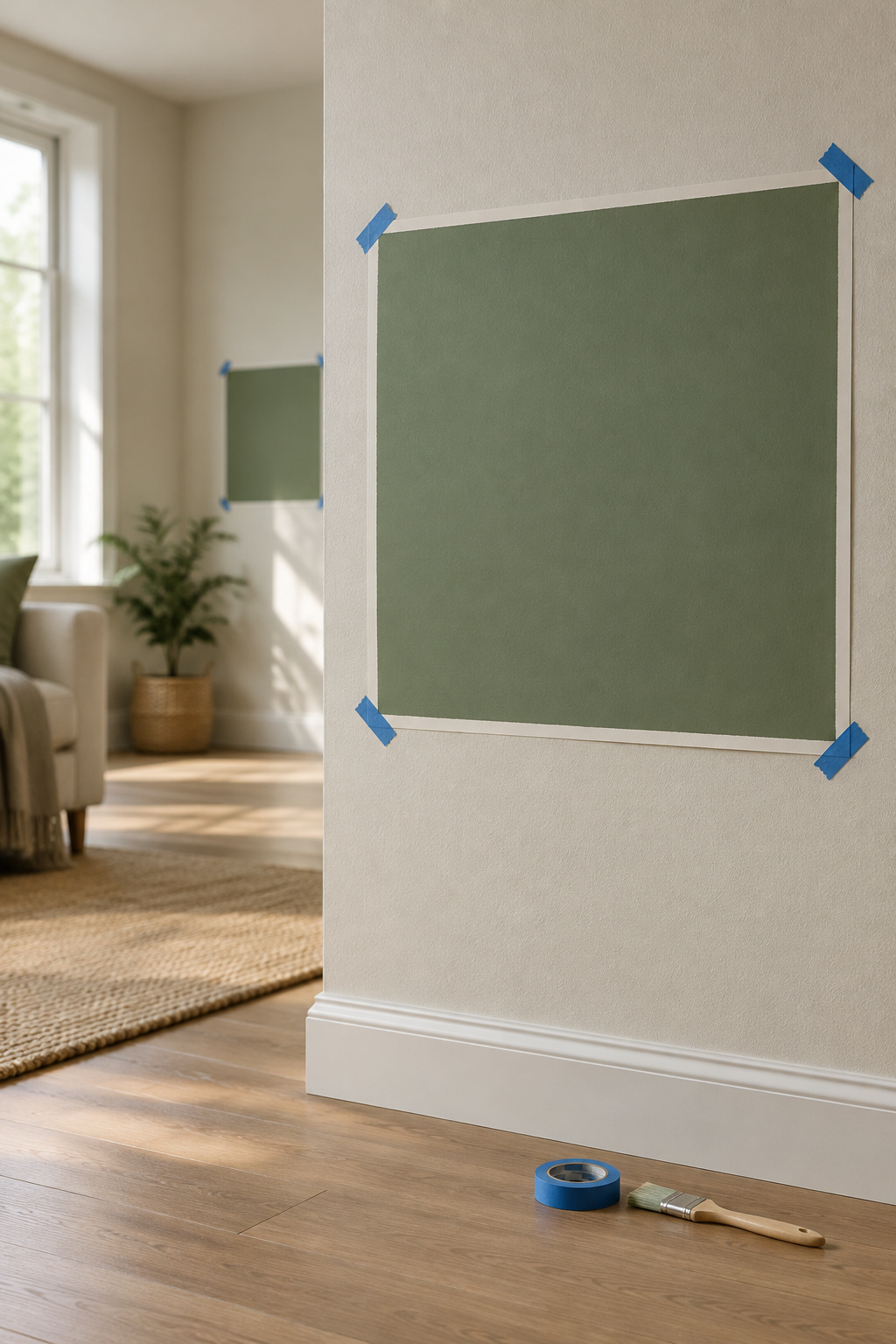 Large green paint sample board taped to a living room wall with a second sample visible on the adjoining wall
