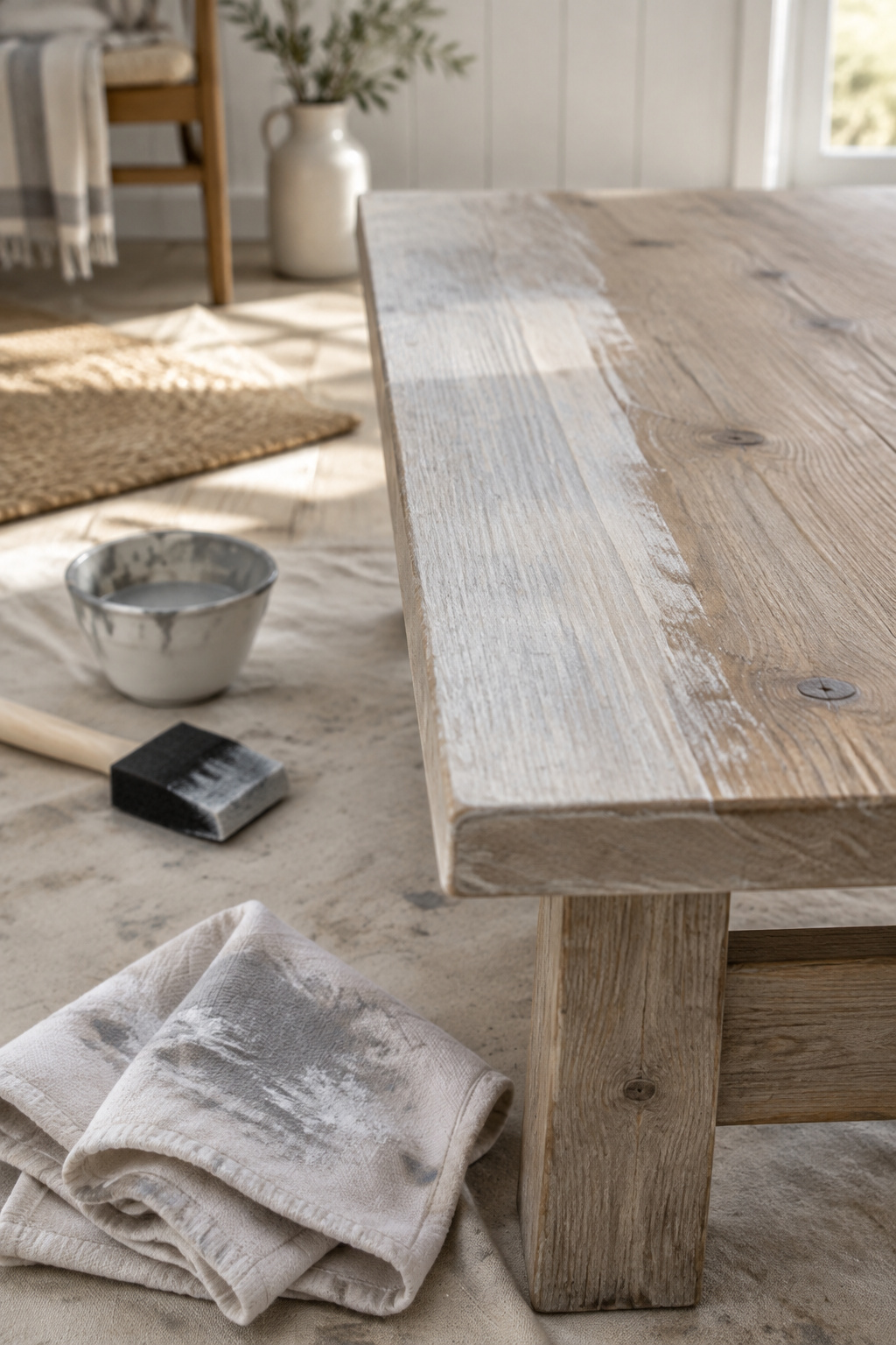 Dining tabletop mid-process showing a dark stain wiped back under a thinned white wash next to bare wood, with a painter's tape line along the apron