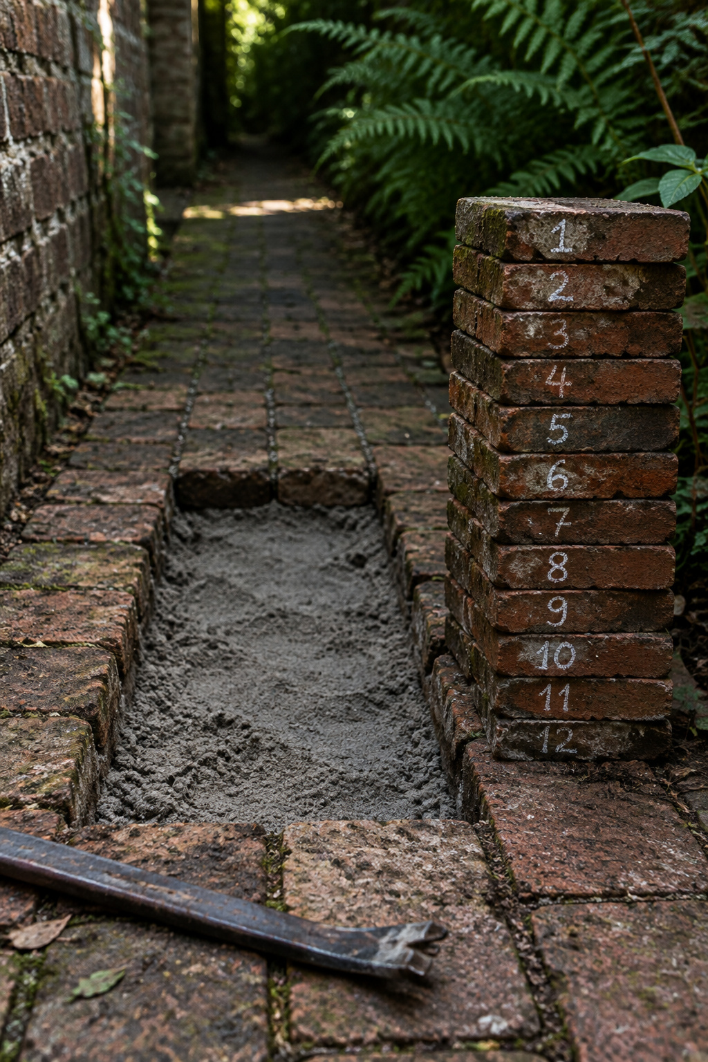 A sunken patch in an old brick path with bricks lifted out, numbered with chalk and stacked beside a dip in the bedding sand