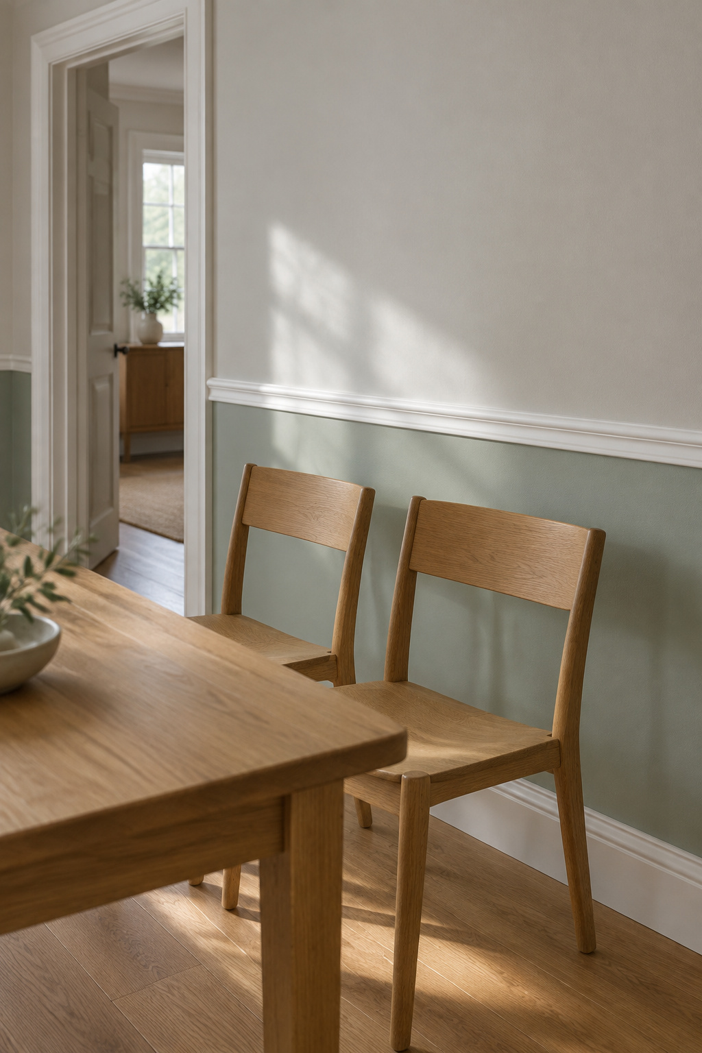Dining room wall with a white chair rail over a smooth celadon lower wall and two plain oak chairs pushed back to it