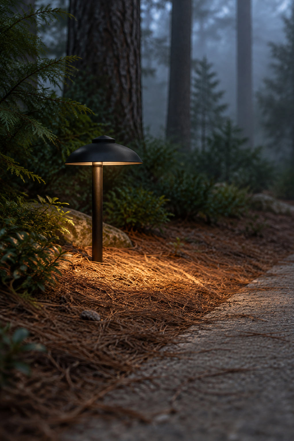 A low hooded black path light beside a pine needle path, its downward light making a clean oval on the ground with mist behind