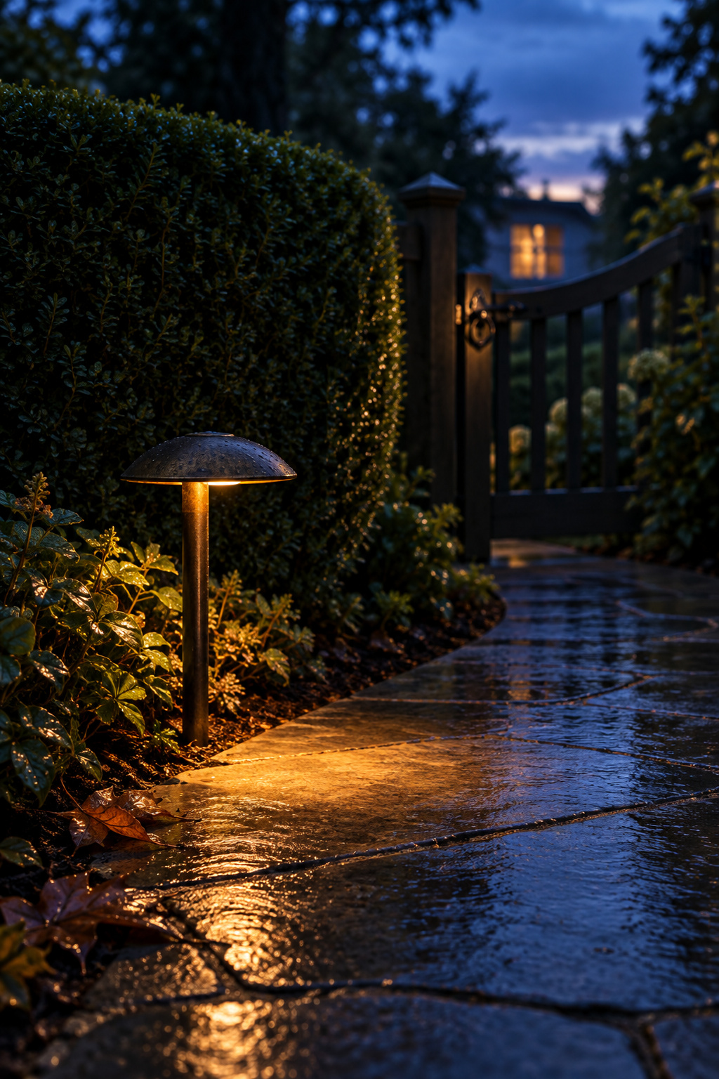 A low bronze path light making a warm pool on a wet bluestone bend near a garden gate at dusk