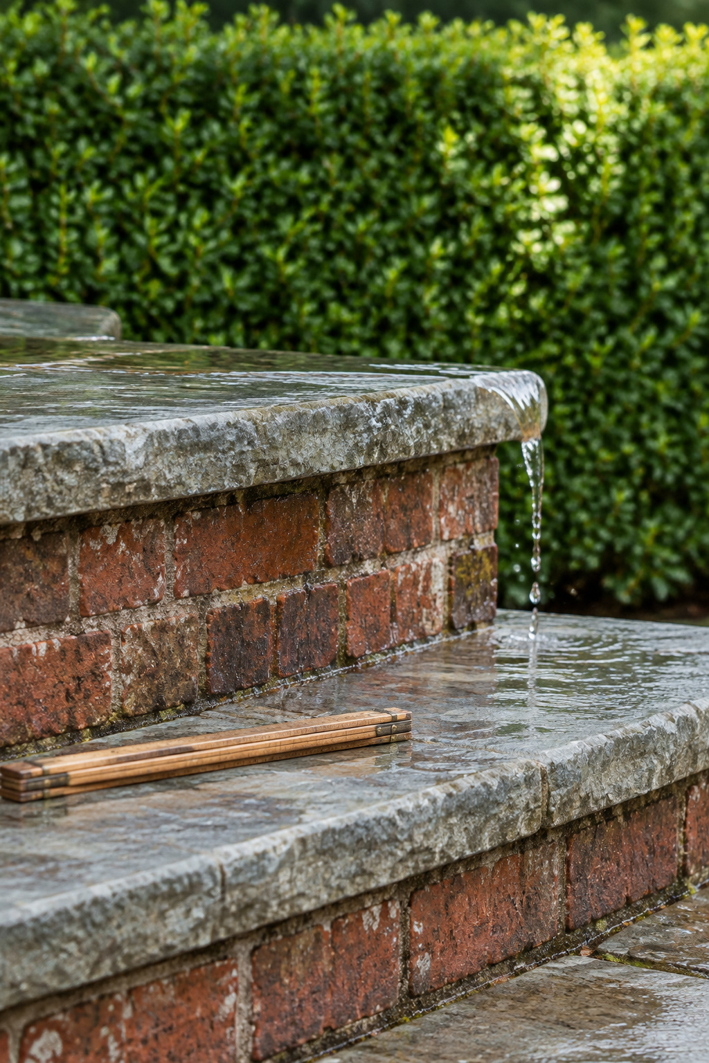 Side view of two garden steps with weathered brick risers and wide flagstone treads and water sheeting off the front edge of the upper tread